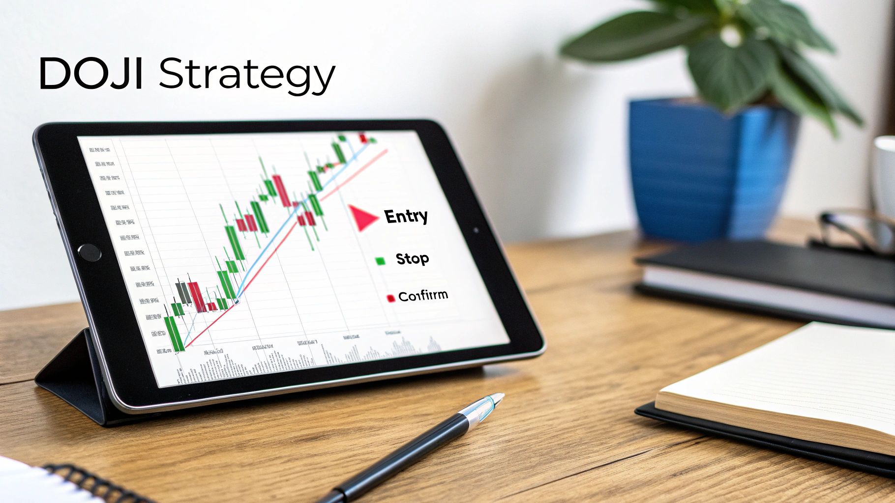 A tablet on a wooden desk displays a 'DOJI Strategy' stock chart with entry, stop, and confirm points.