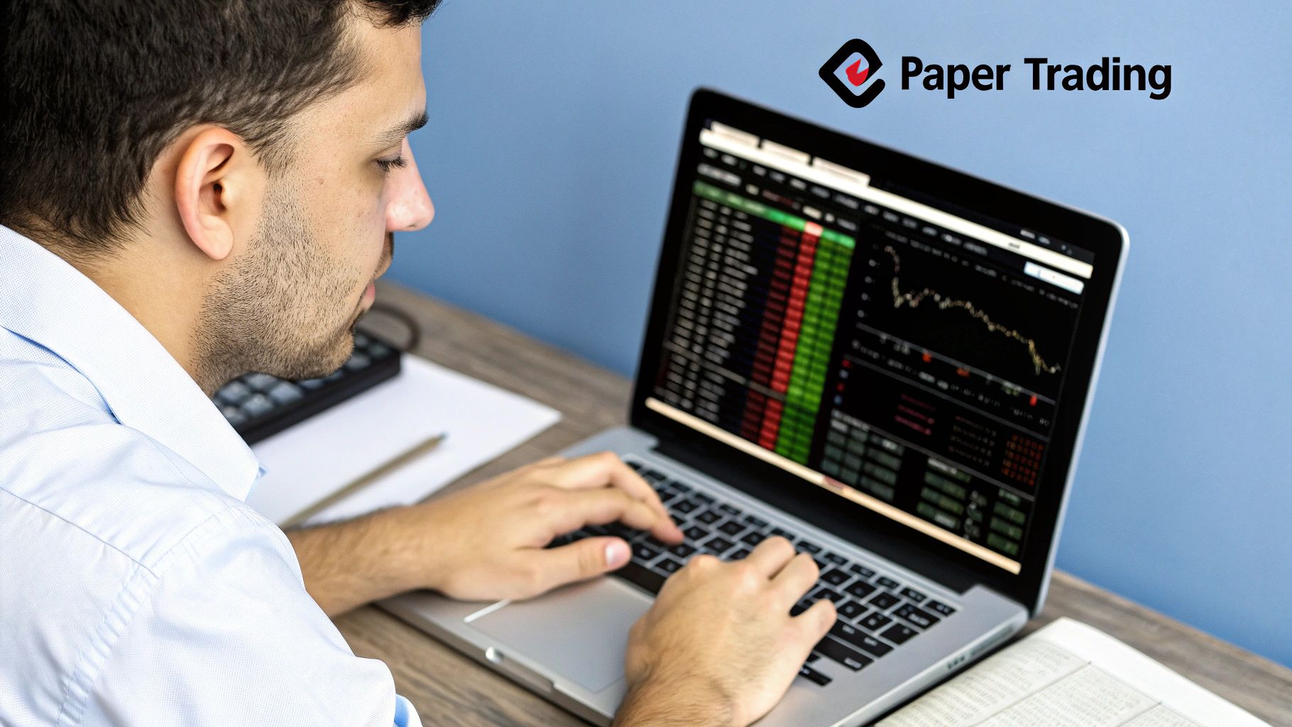 A trader practicing on a computer with charts, without showing actual money.