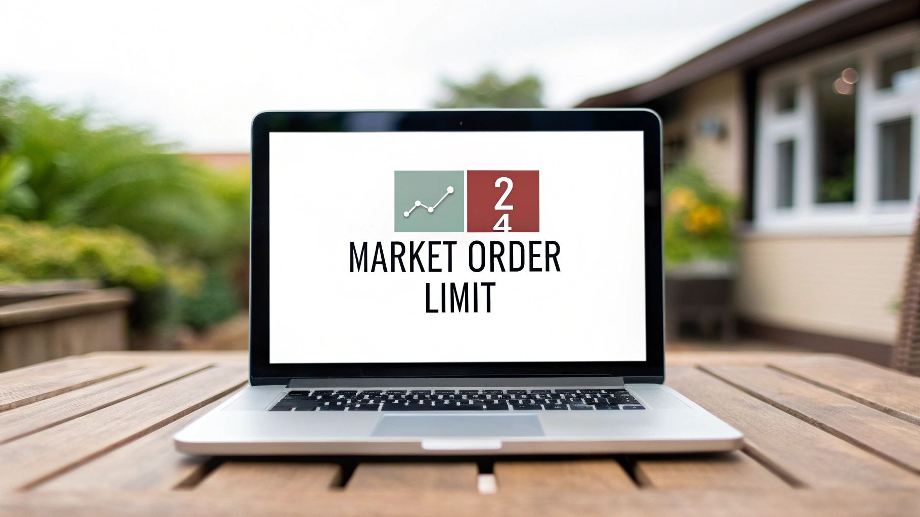 A laptop on a wooden table displaying 'MARKET ORDER LIMIT' with a stock graph logo.
