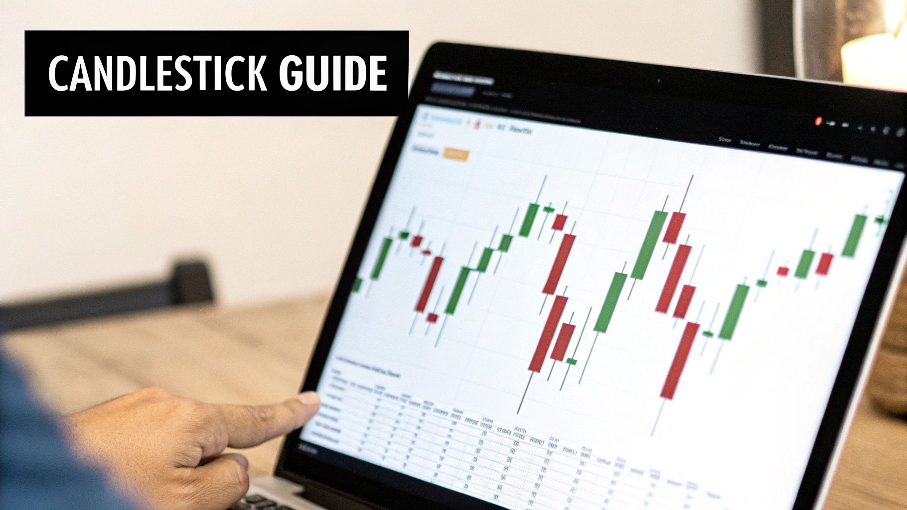 Hand pointing at a laptop screen showing a candlestick chart for stock market analysis with a 'CANDLESTICK GUIDE' banner.