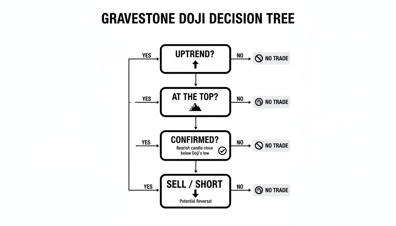A decision tree flowchart for trading with the Gravestone Doji candlestick pattern.