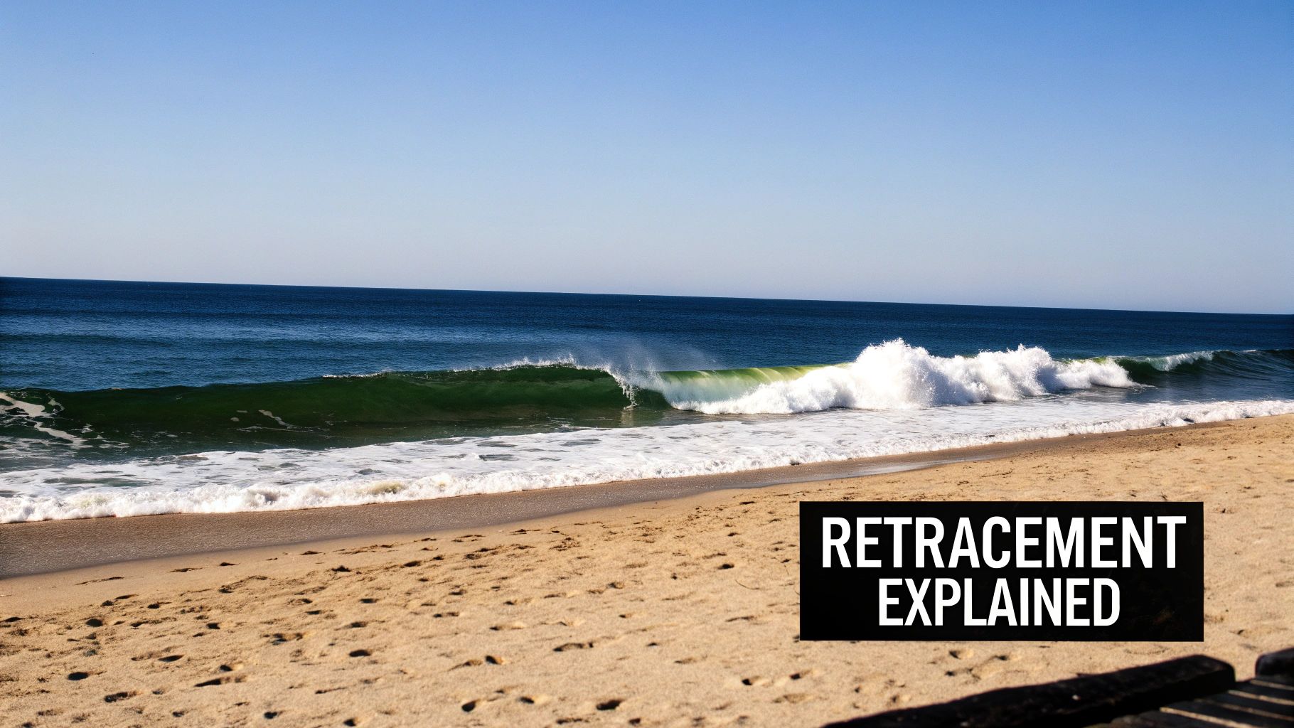Ocean waves breaking on a sandy beach under a clear blue sky, with 'RETRACEMENT EXPLAINED' text.