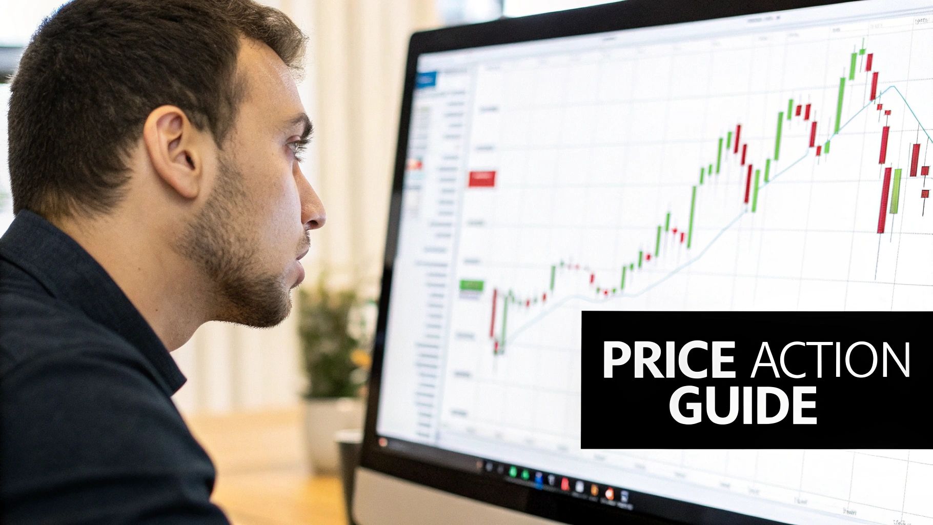 A man intently watches a computer screen displaying financial charts and 'PRICE ACTION GUIDE'.