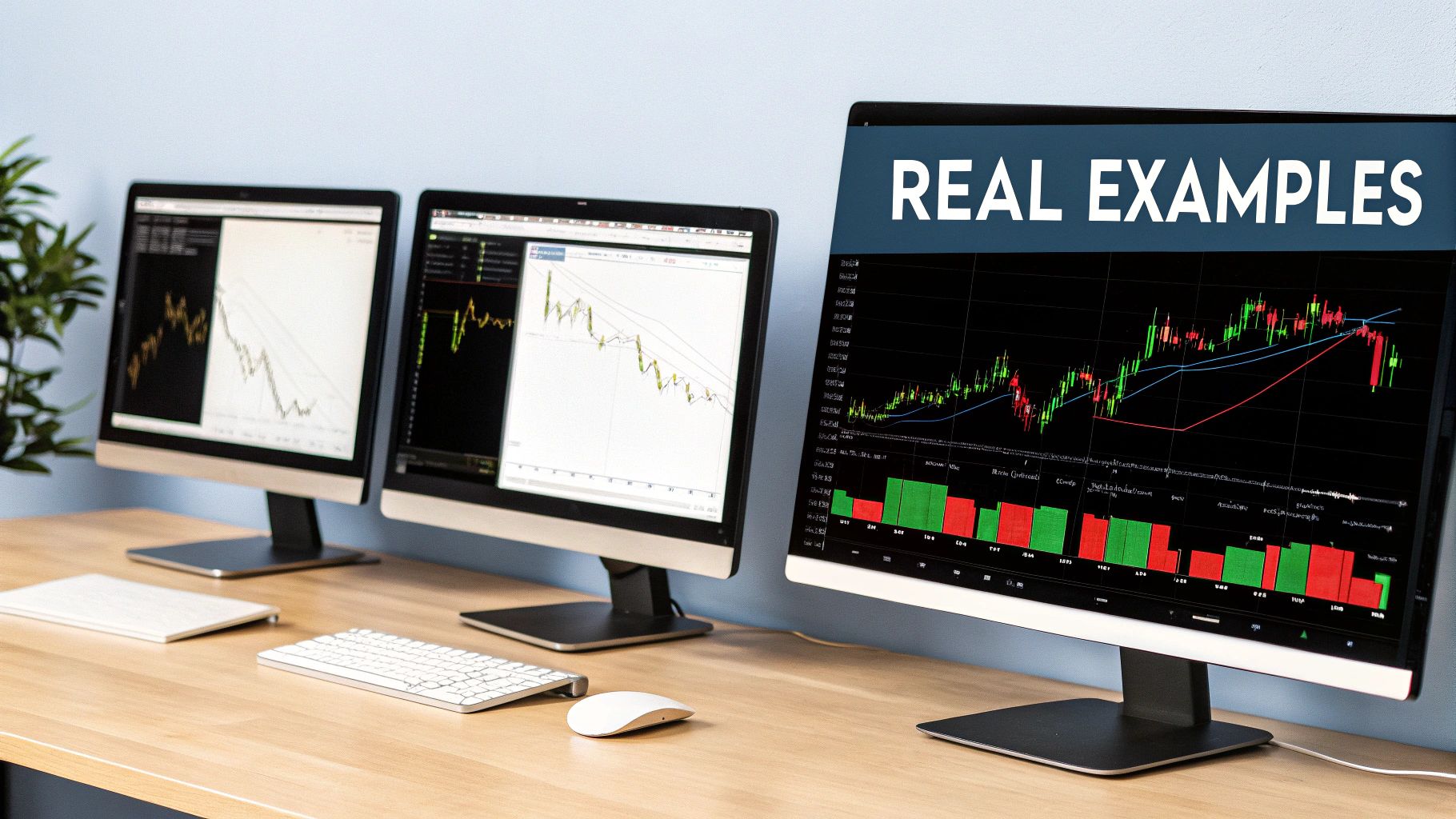 Three computer monitors display financial trading charts with candlestick patterns and text 'REAL EXAMPLES'.