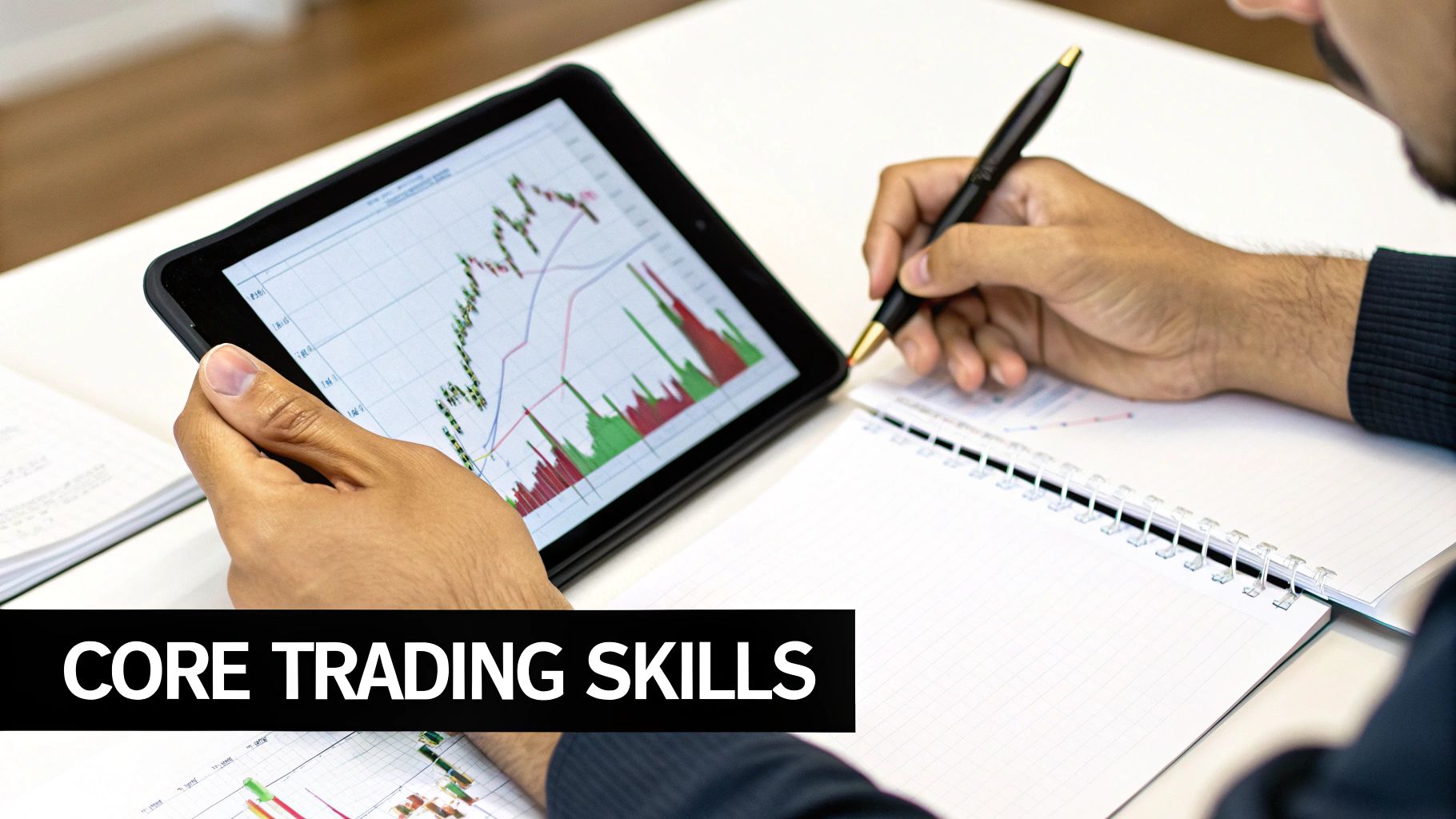 Person analyzing financial charts on a tablet and taking notes, demonstrating core trading skills.