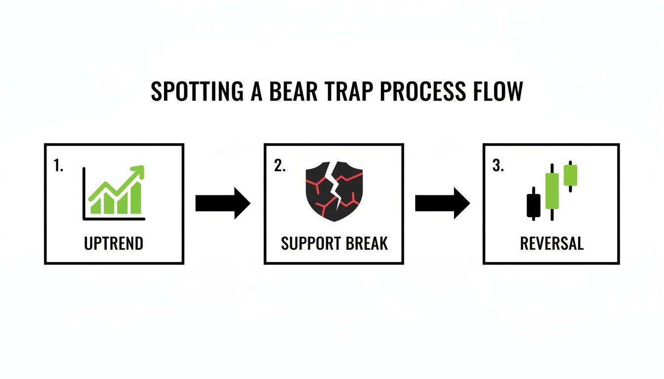 A process flow diagram illustrating three steps to spot a bear trap in trading.