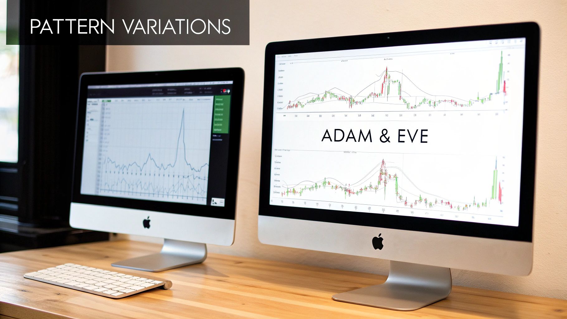 Two Apple iMac computers on a wooden desk displaying stock charts and pattern variations.