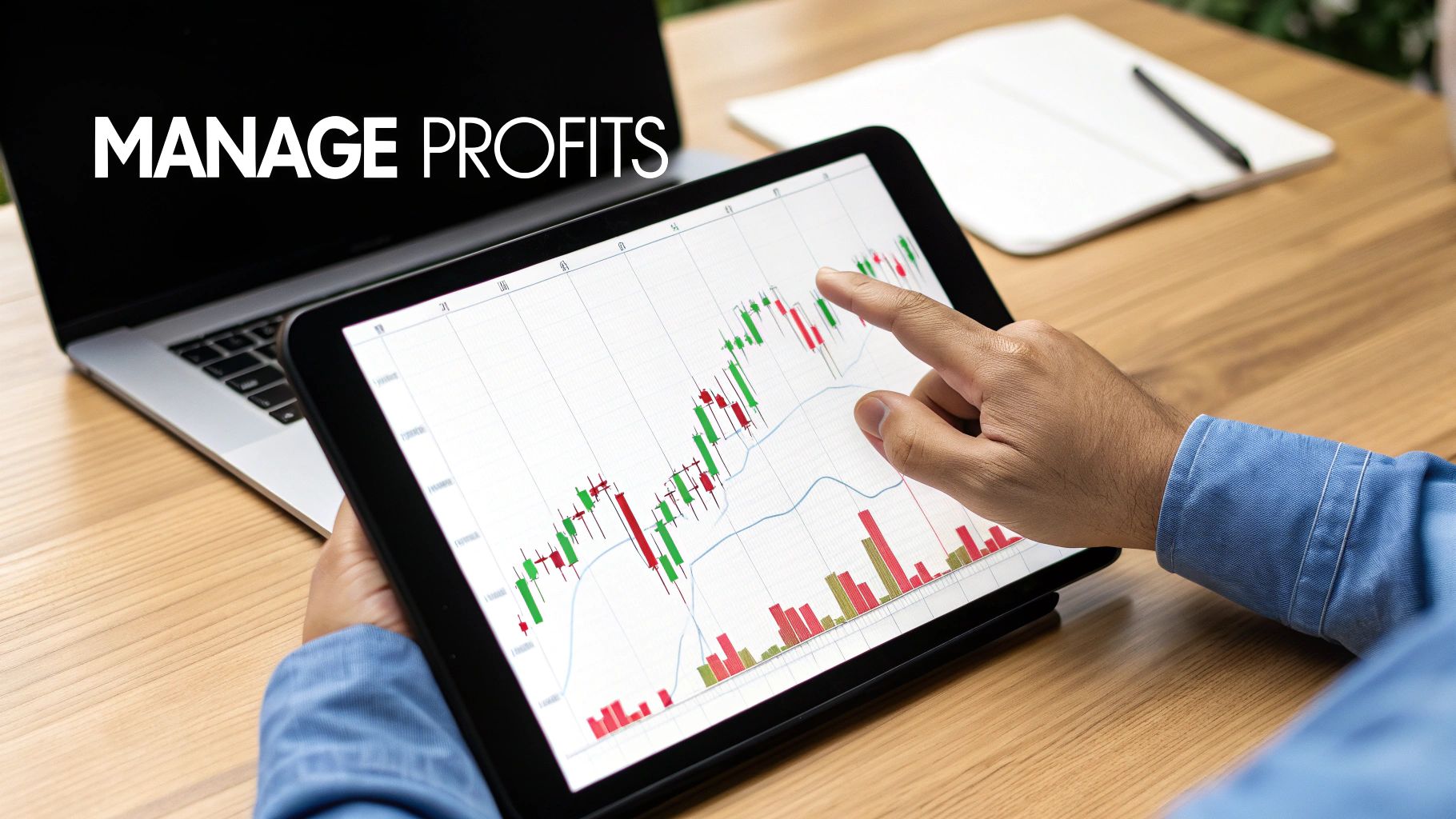 A trader analyzing a chart with green profit candles, symbolizing successful trade management.