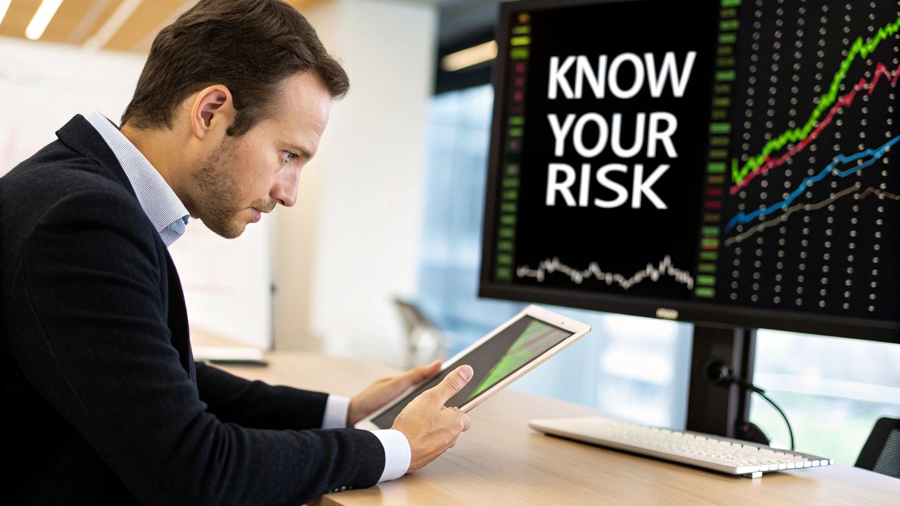 A focused trader analyzing charts on multiple screens, symbolizing strategic decision-making in trading.