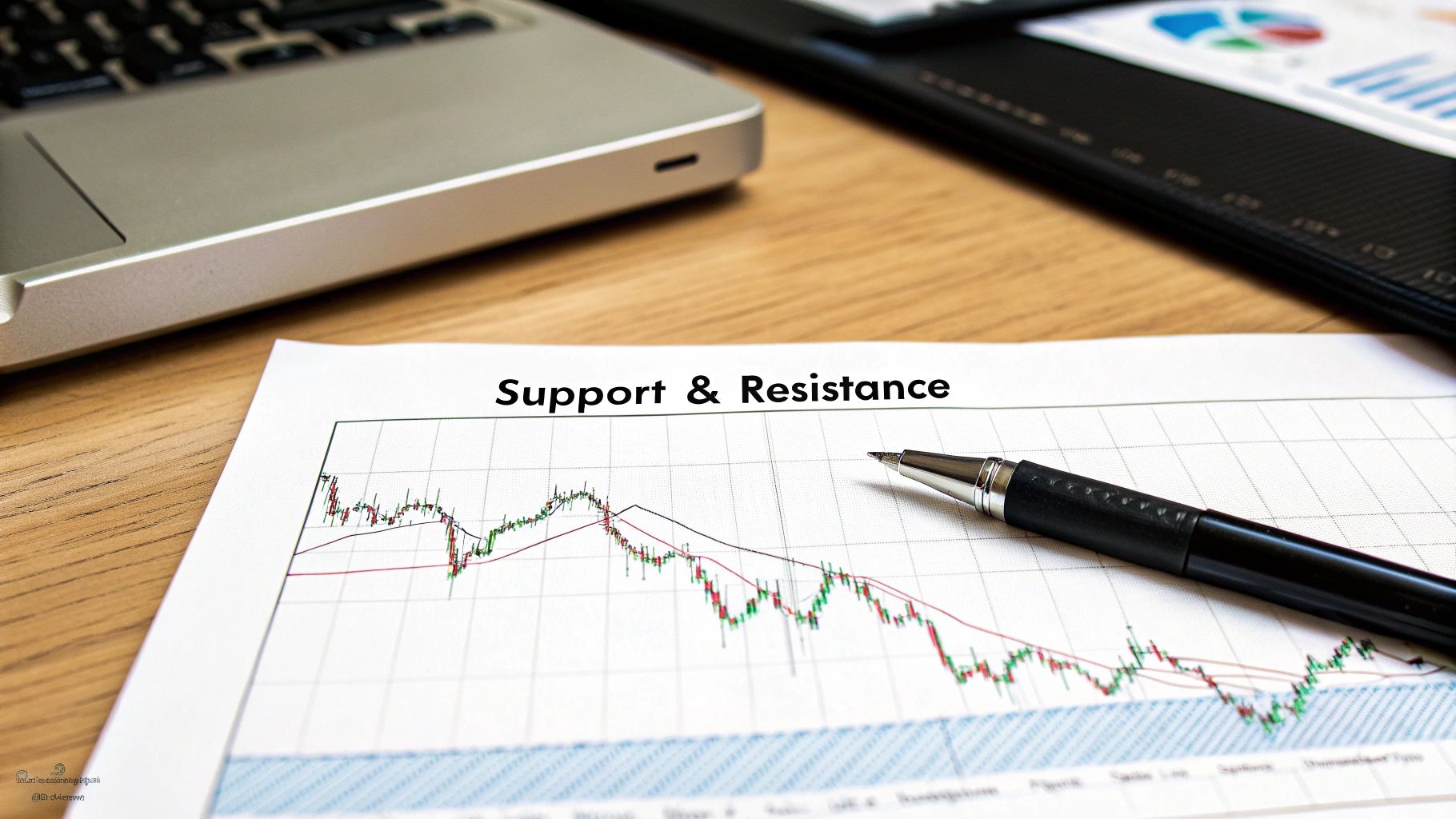 A forex chart showing horizontal lines drawn at key price peaks (resistance) and troughs (support), with price action reacting to these levels.