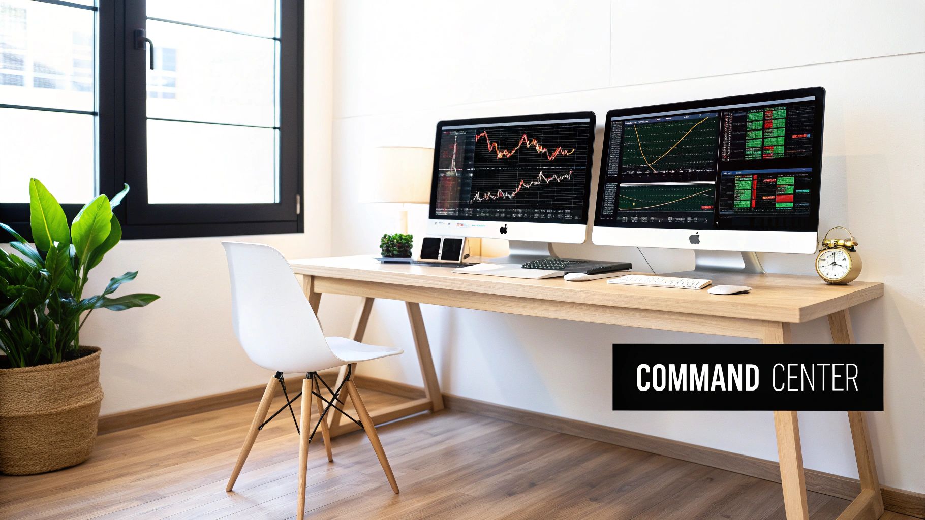 A home office setup for day trading, featuring multiple monitors displaying financial charts and a clean, organized desk.