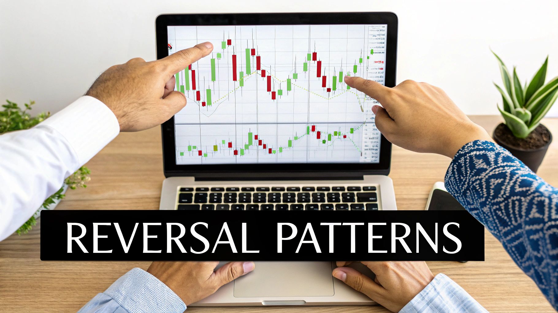 Two people analyzing financial candlestick charts on a laptop screen with 'REVERSAL PATTERNS' text.