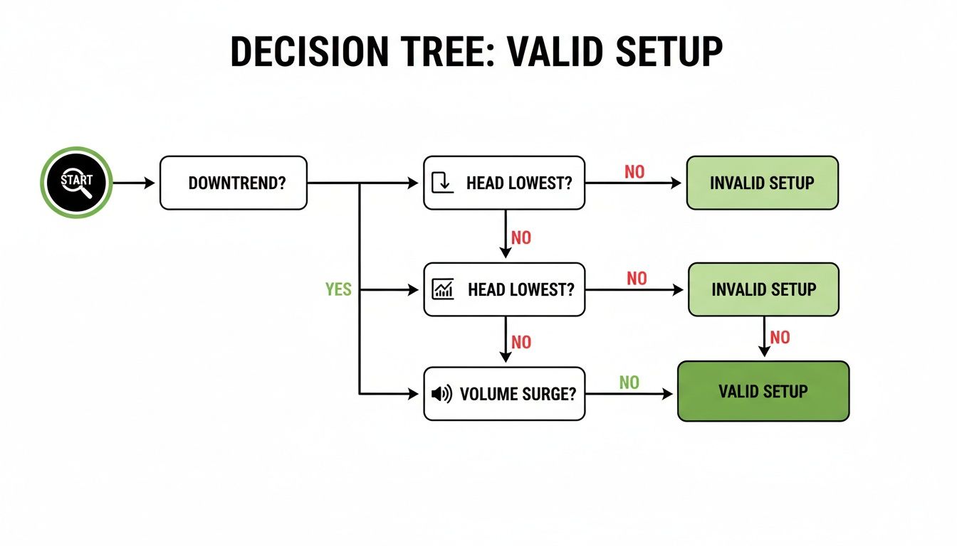 A decision tree flowchart outlining conditions for a valid trading setup, including downtrend, head lowest, and volume surge checks.