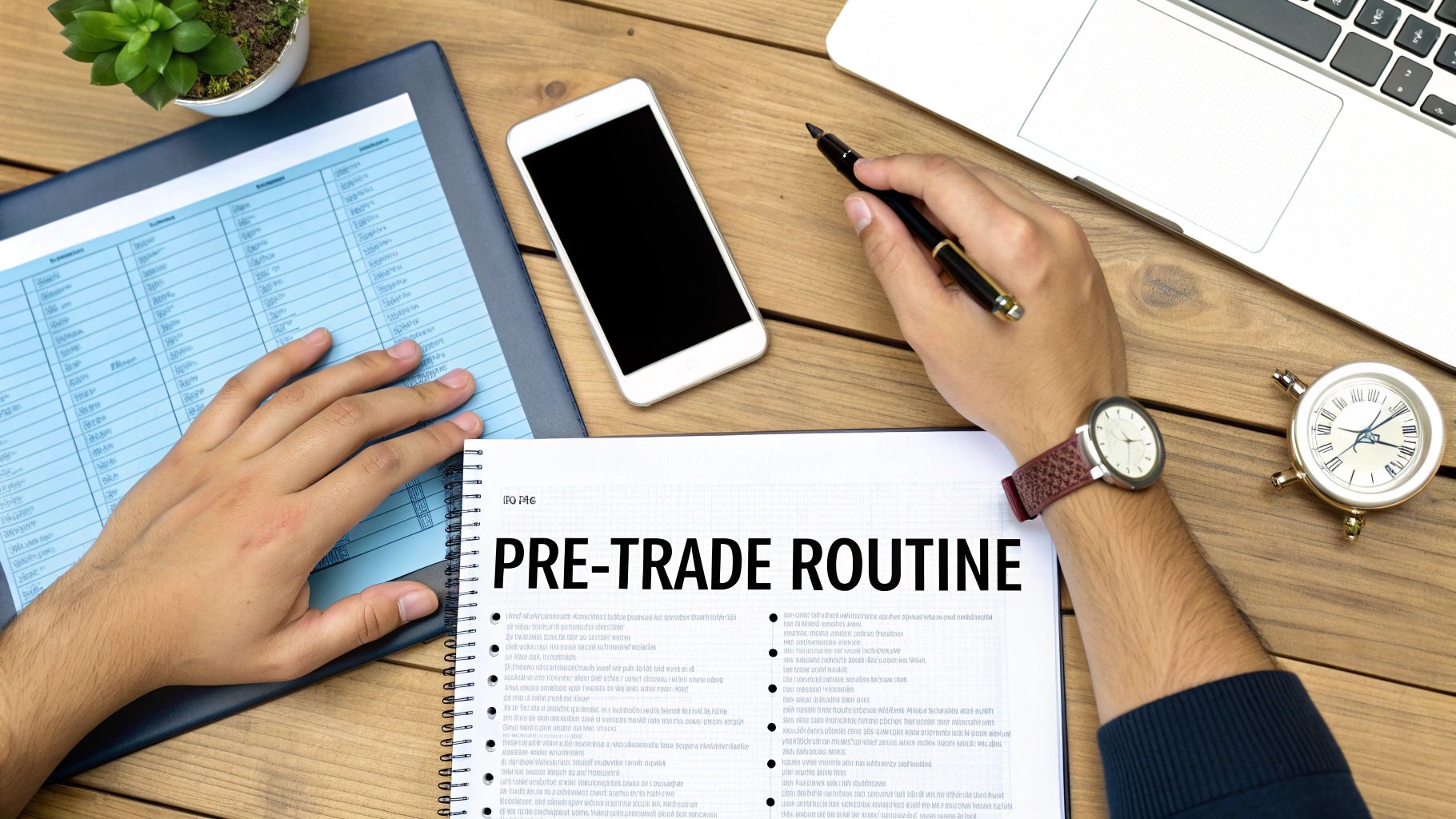 Overhead shot of a person's hands on a desk with a notebook, phone, and laptop, showing a 'PRE-TRADE ROUTINE' title.