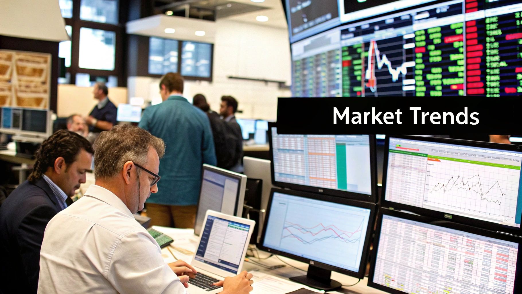 A professional analyzing charts and graphs on multiple computer screens, representing market trend analysis.