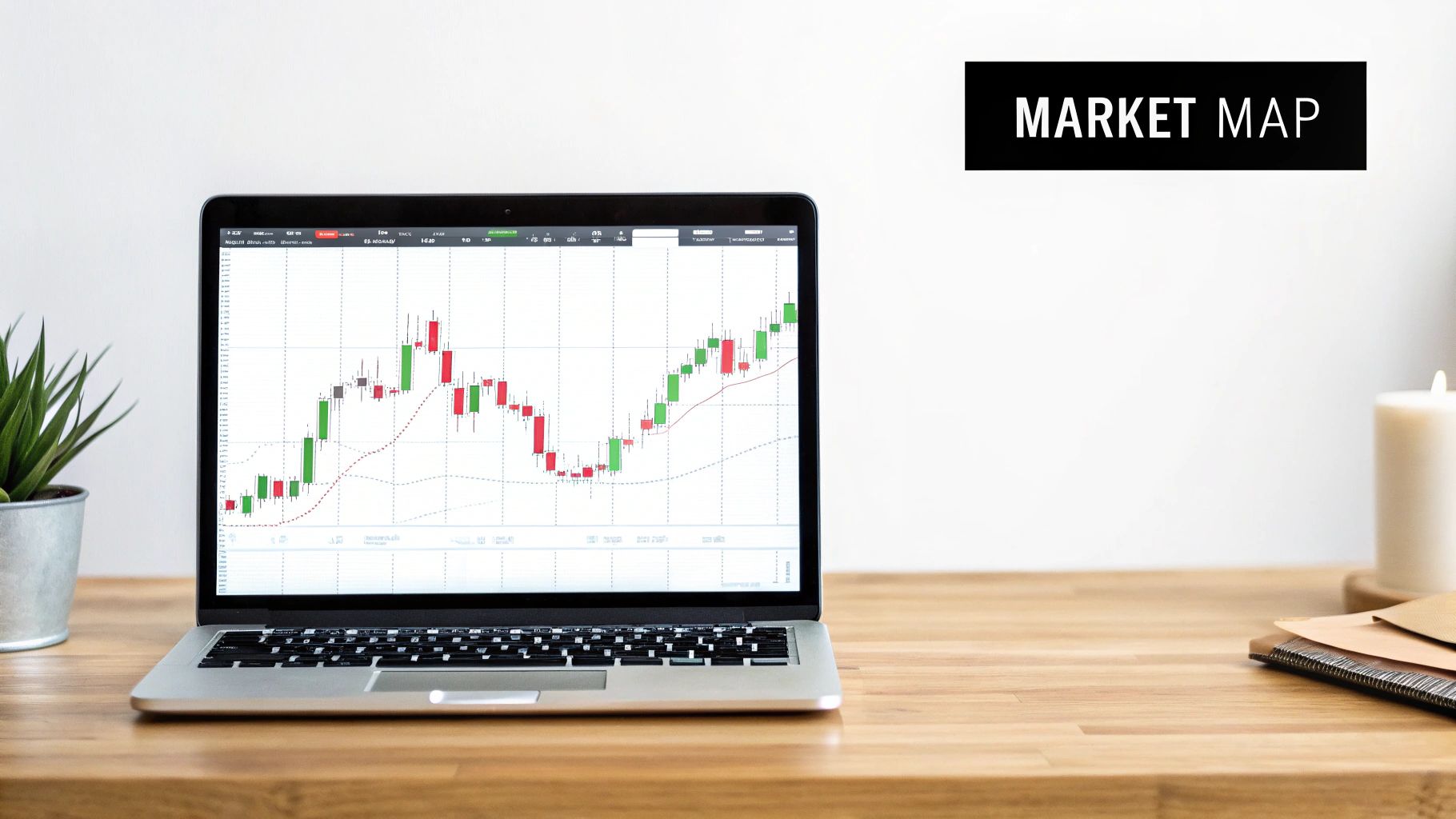A laptop screen displays a market candlestick chart with trendlines on a wooden desk, with a plant and candle.