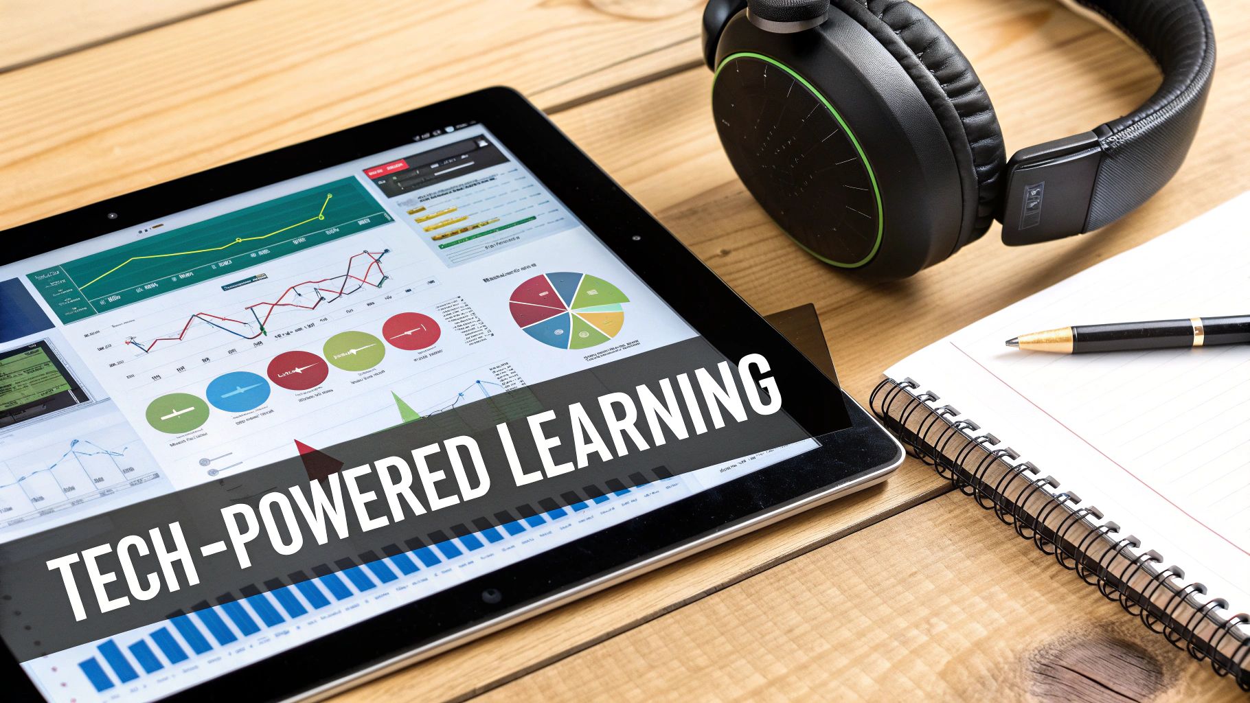 Tablet displaying charts and 'TECH-POWERED LEARNING' text, with headphones and a notebook.