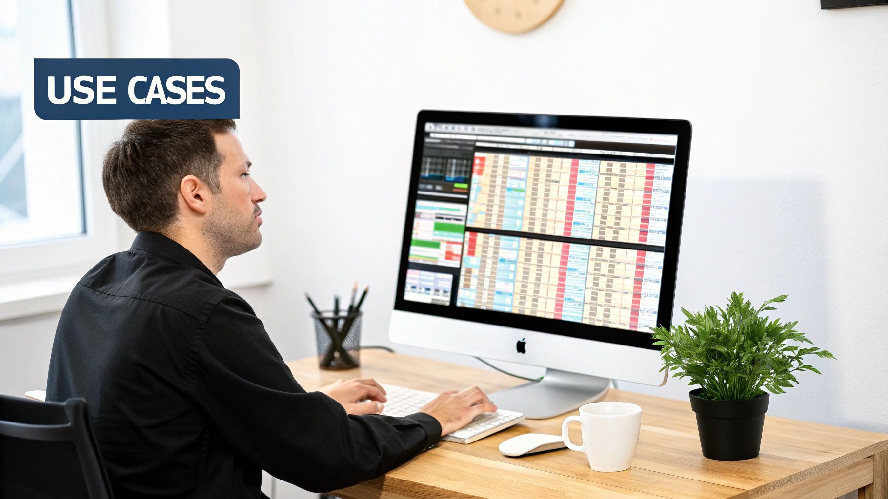 A close-up of a trader's hands typing on a laptop with financial charts on the screen, indicating strategic decision-making.