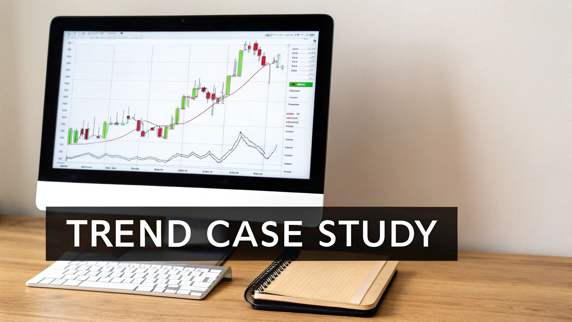Computer monitor displaying a stock trend chart, keyboard, and notebook on a desk. Text: TREND CASE STUDY.