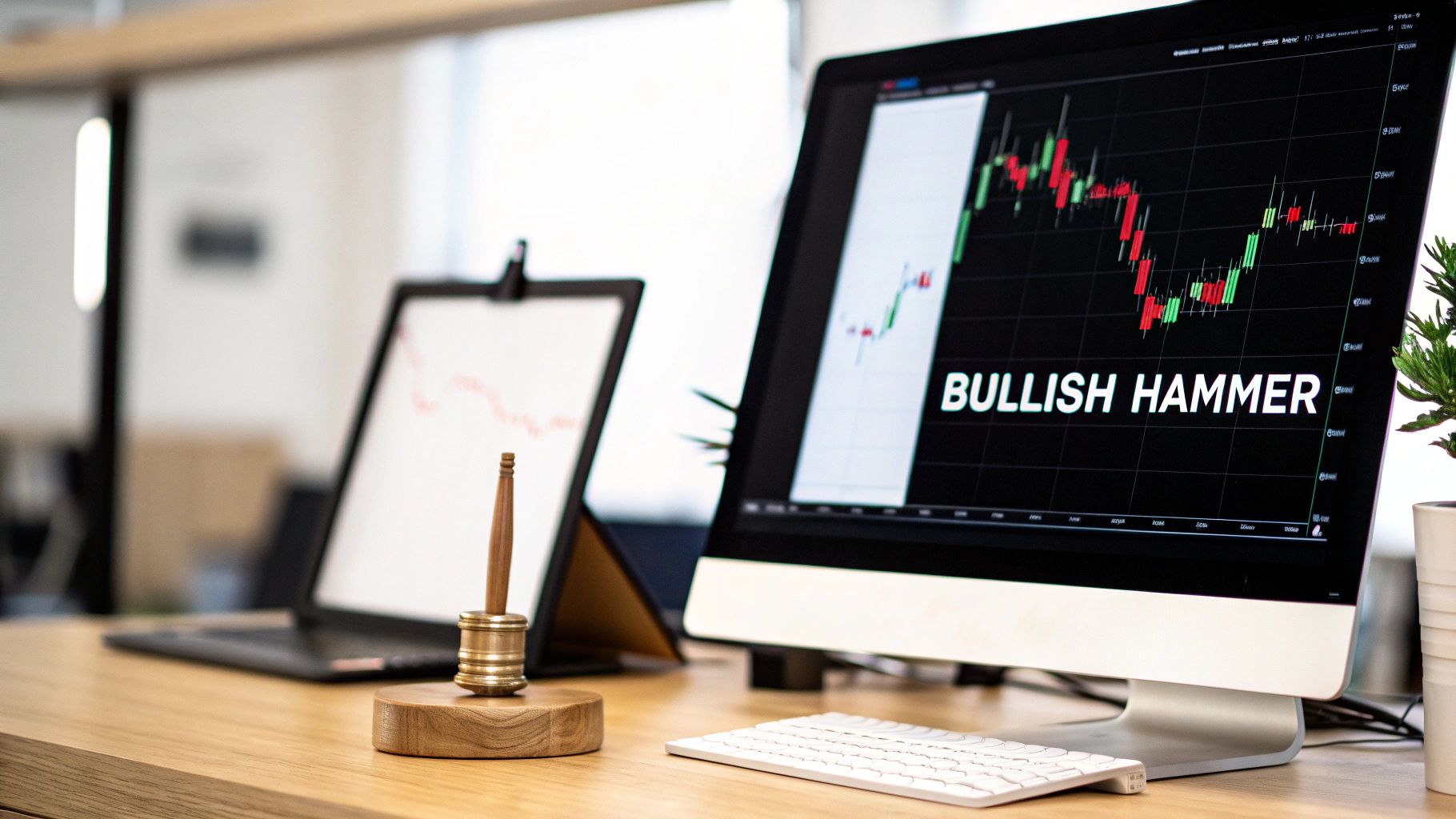 Two monitors on a desk display financial charts, with one highlighting a 'Bullish Hammer' candlestick pattern.