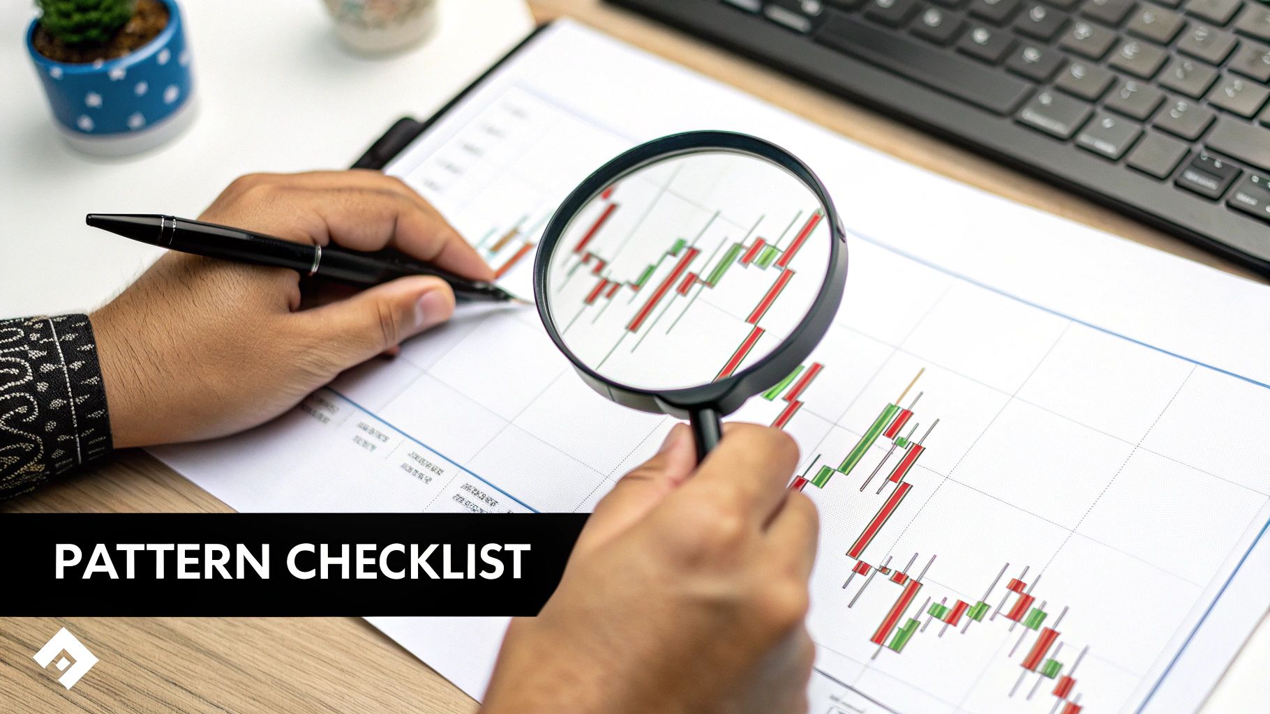 A person uses a magnifying glass to analyze candlestick patterns on a financial chart, holding a pen.