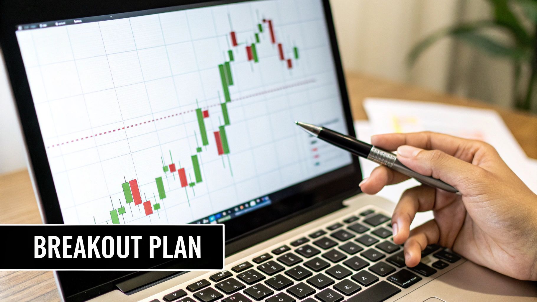 A hand holds a pen, pointing at a laptop screen displaying a stock market chart with candlesticks, labeled 'BREAKOUT PLAN'.