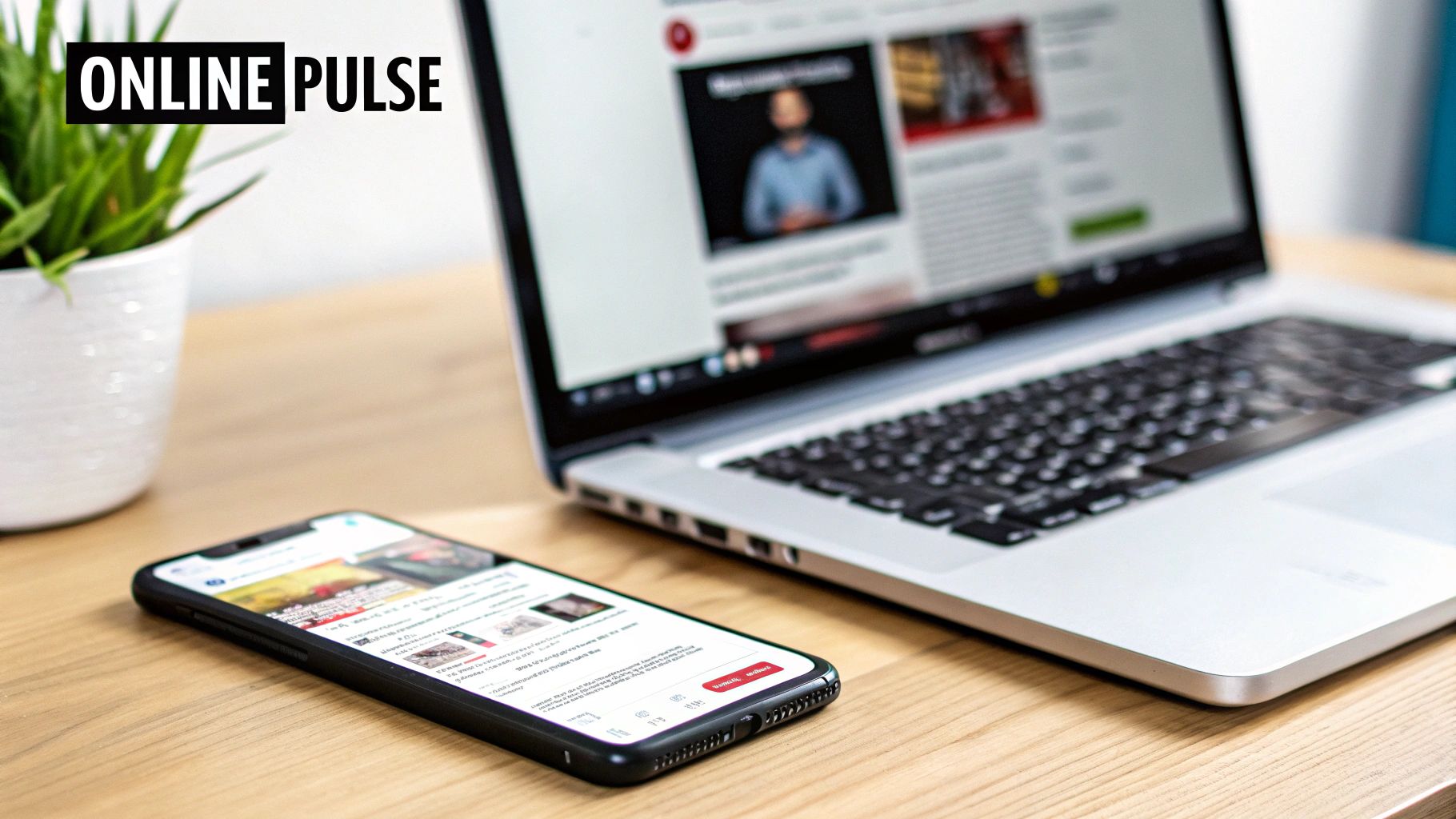 Laptop and smartphone displaying online news content on wooden desk with plant