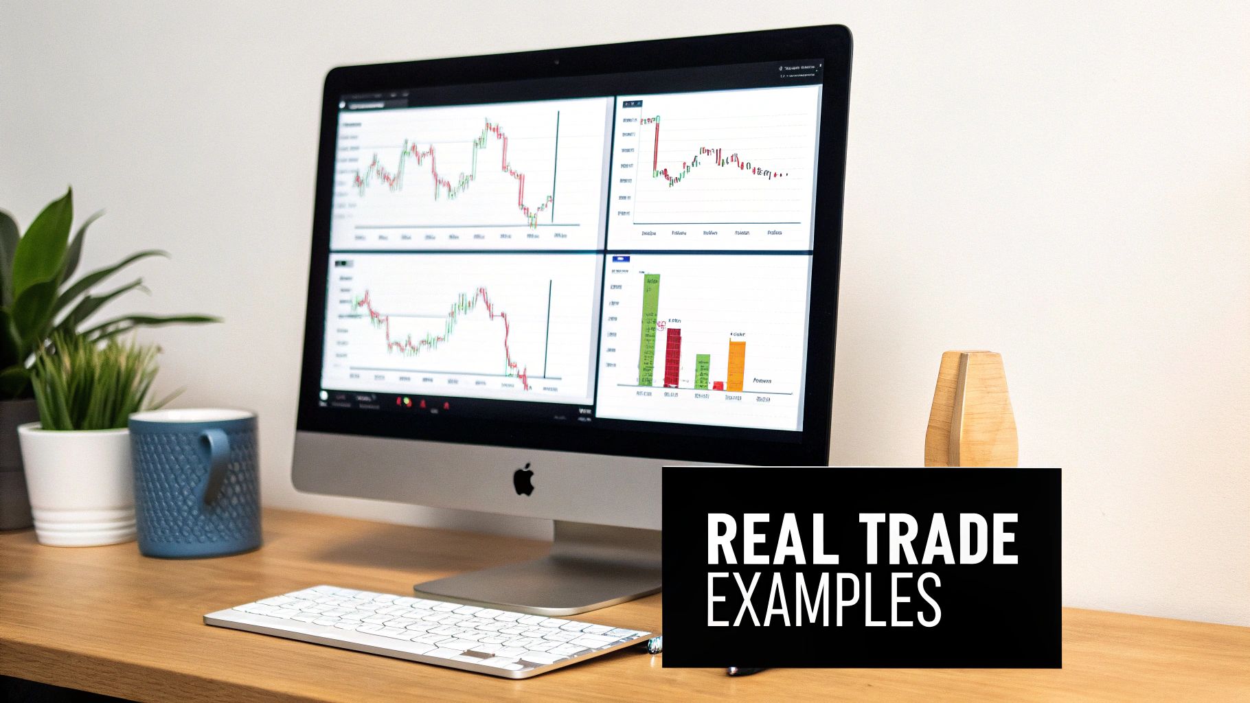 A desktop computer displays financial trading charts and graphs on a wooden desk with plants, a mug, and 'REAL TRADE EXAMPLES' text.