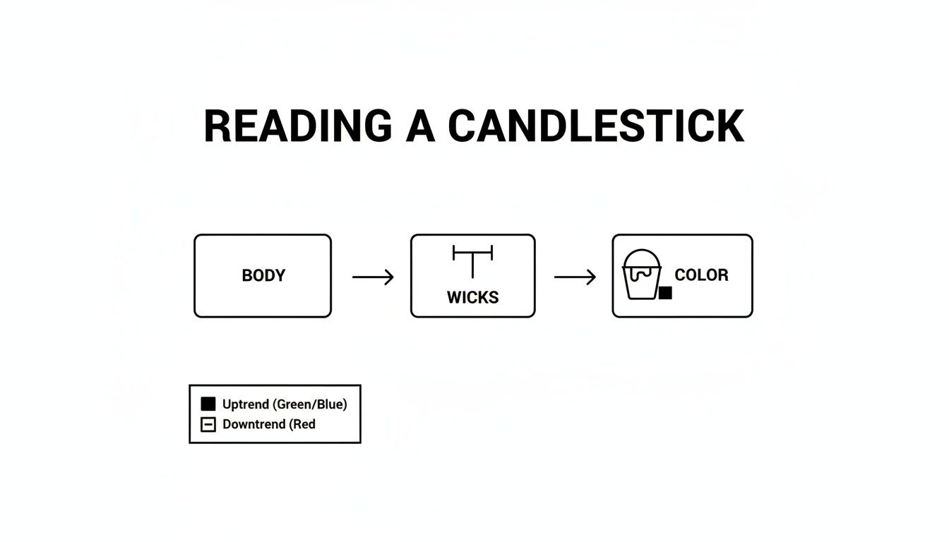 Flowchart explaining how to read a candlestick, detailing its body, wicks, and color for uptrend and downtrend.