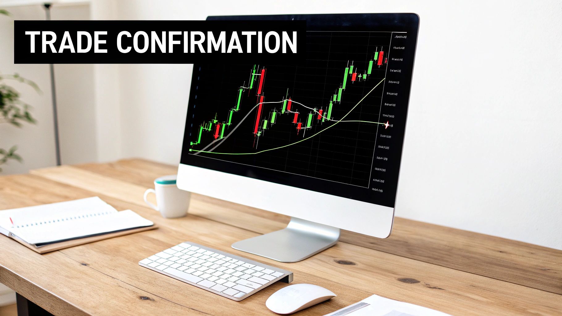 A computer screen displays a financial candlestick chart with 'TRADE CONFIRMATION' text on a desk with a keyboard.
