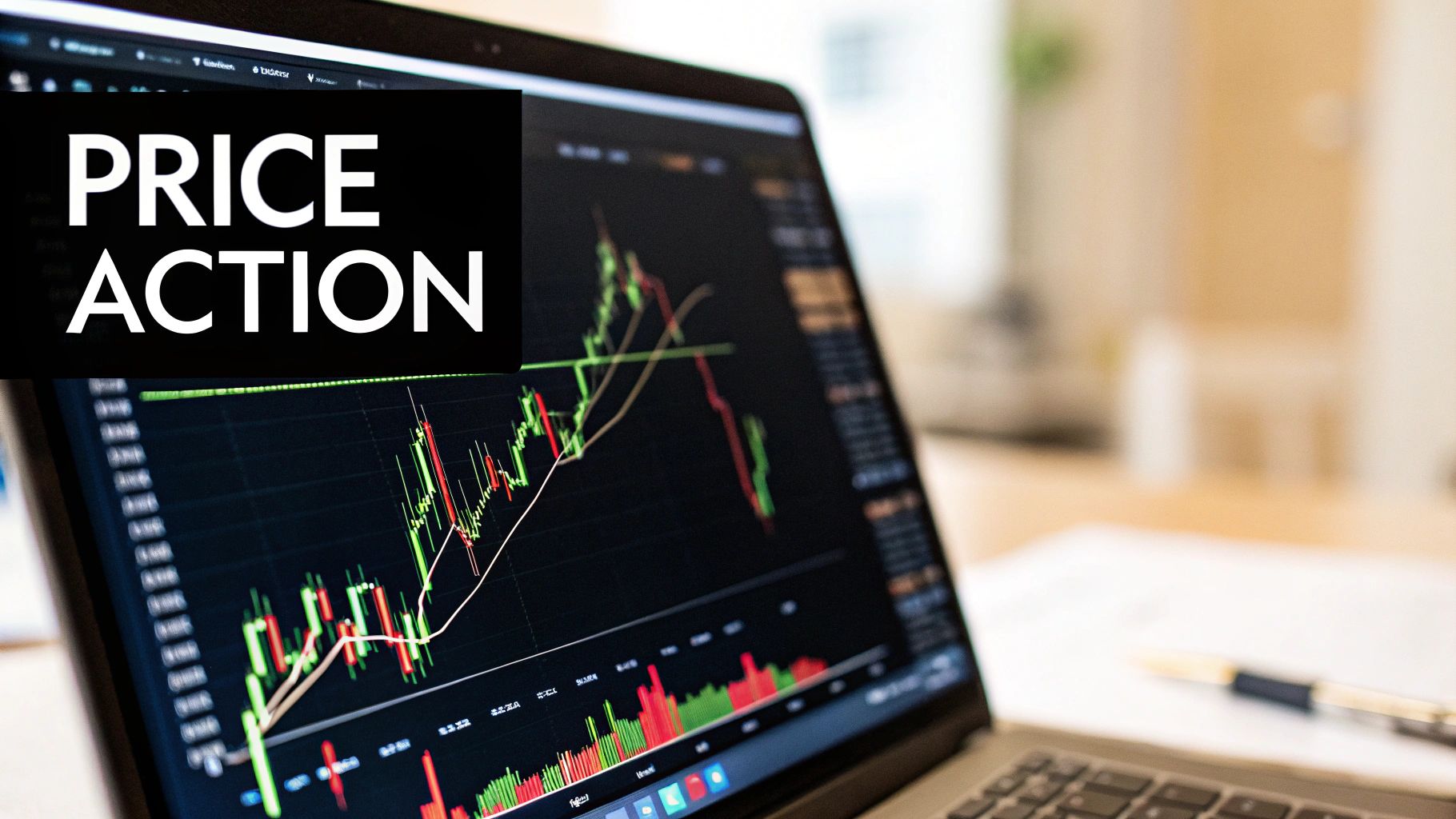 A close-up of a financial chart showing candlestick patterns and trend lines.