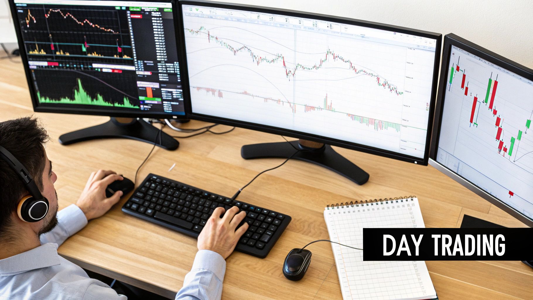 A man in headphones day trading on three computer monitors with financial charts.