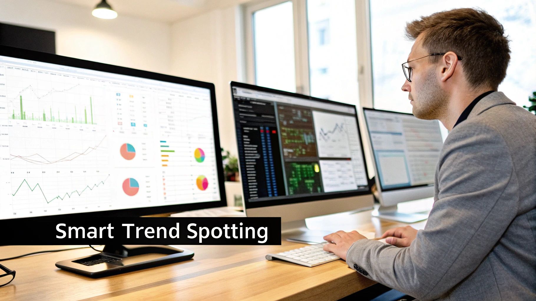 A futuristic dashboard showing various data visualizations, AI-powered insights, and predictive analytics charts, representing technology's role in trend spotting.