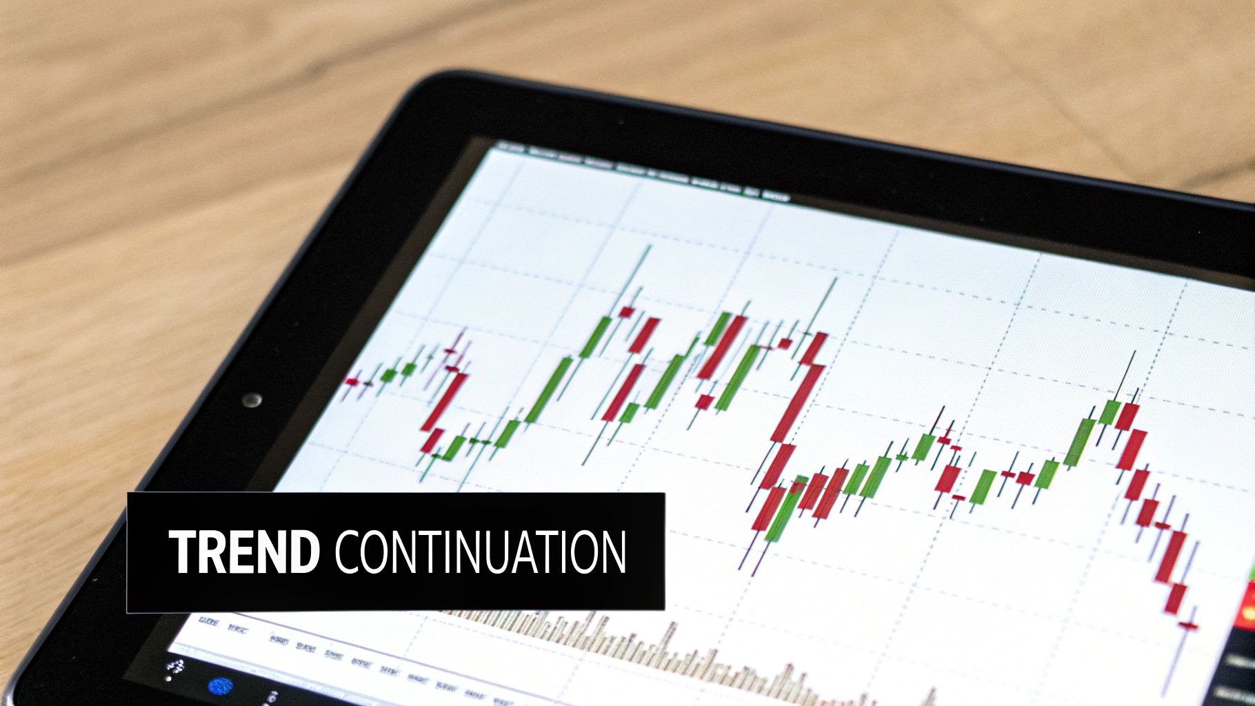 Close-up of a tablet screen showing a financial candlestick chart with 'TREND CONTINUATION' text.
