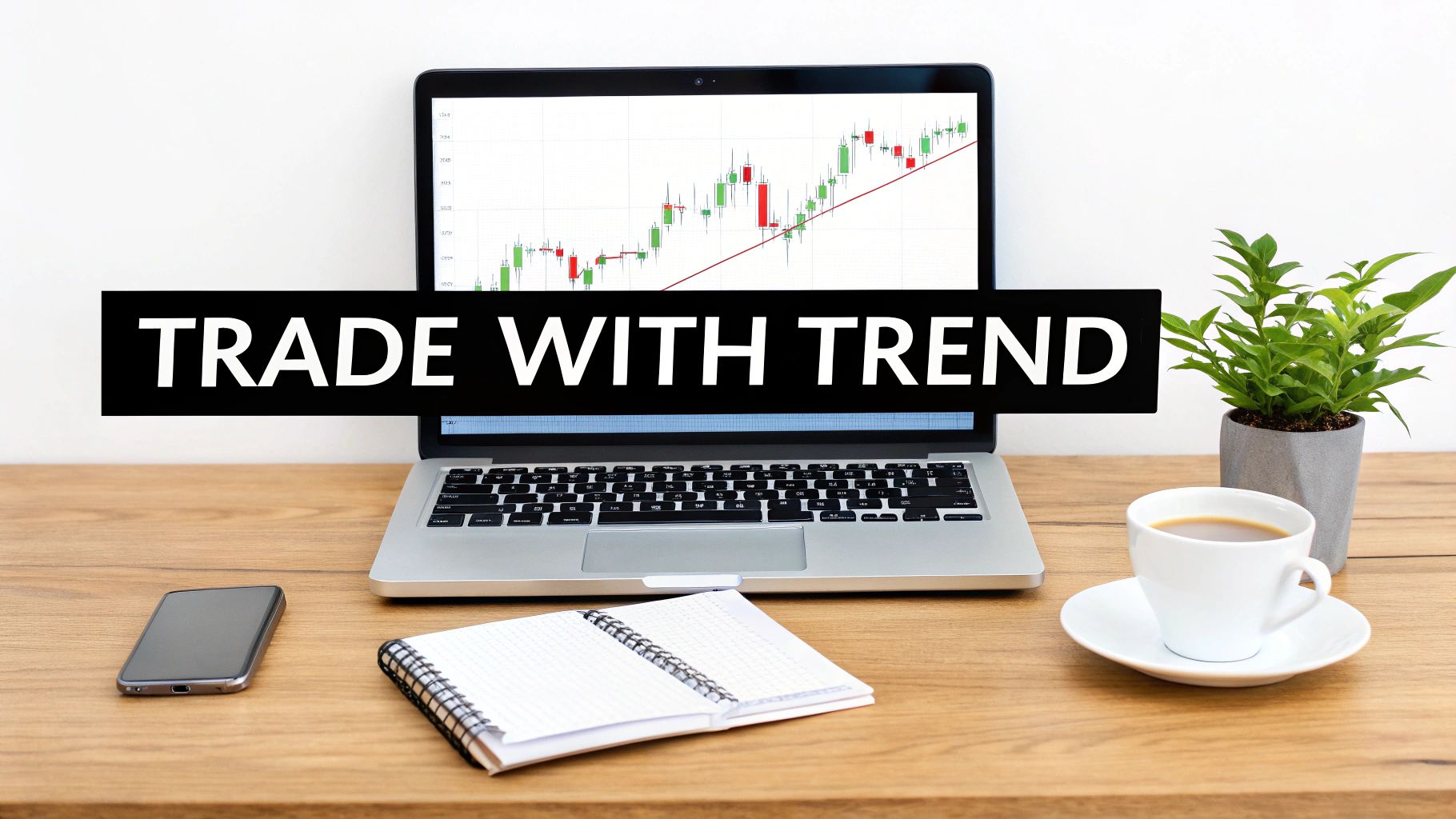 A desk with a laptop showing financial charts and a 'TRADE WITH TREND' banner, with a smartphone, notebook, and coffee.