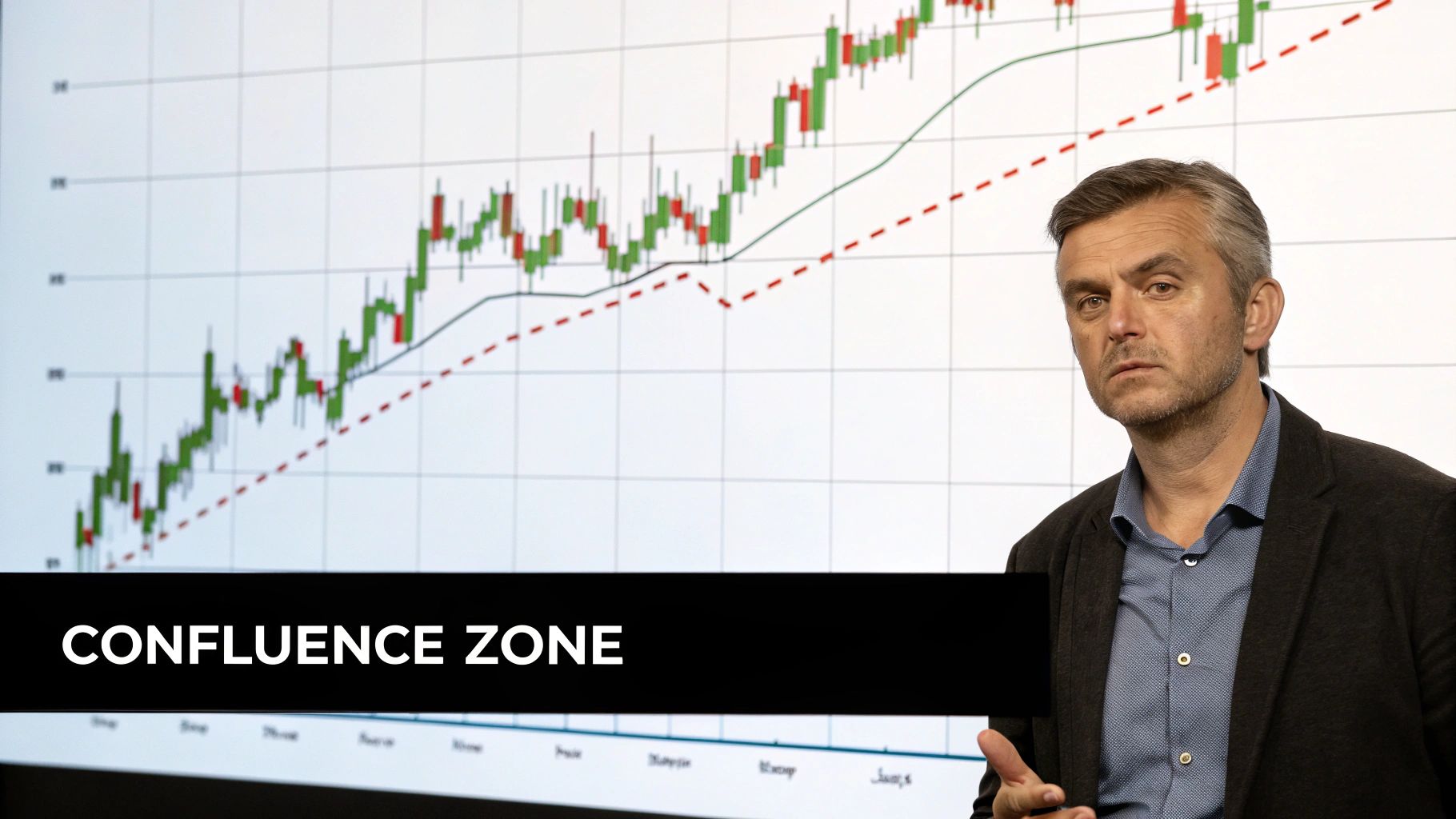 A man stands in front of a large screen displaying a financial candlestick chart with indicators and the text "CONFLUENCE ZONE".