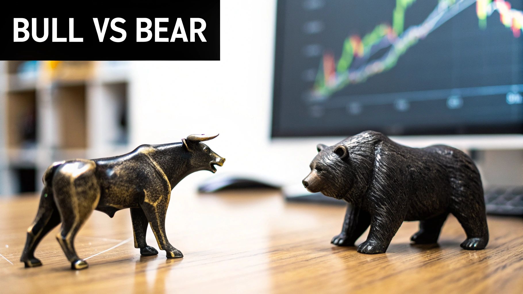 Bull and bear market statuettes facing each other on a desk, with a stock chart on a monitor.