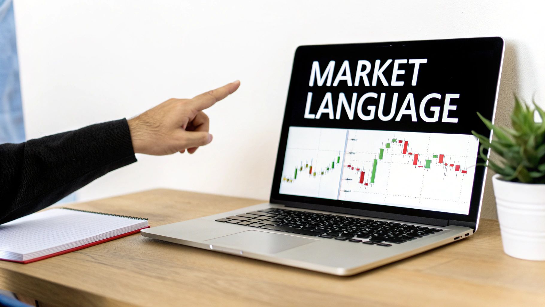 A hand points at a laptop displaying 'MARKET LANGUAGE' and a financial candlestick chart on a desk.