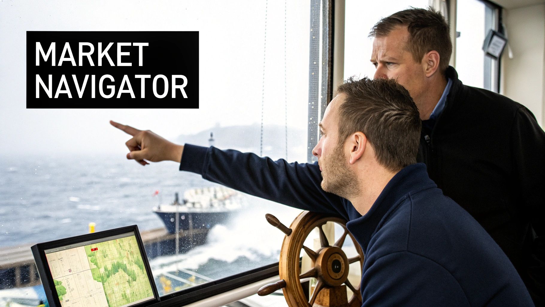 Two men, possibly captains or traders, navigate from a ship's bridge, pointing to a vessel on stormy waters.