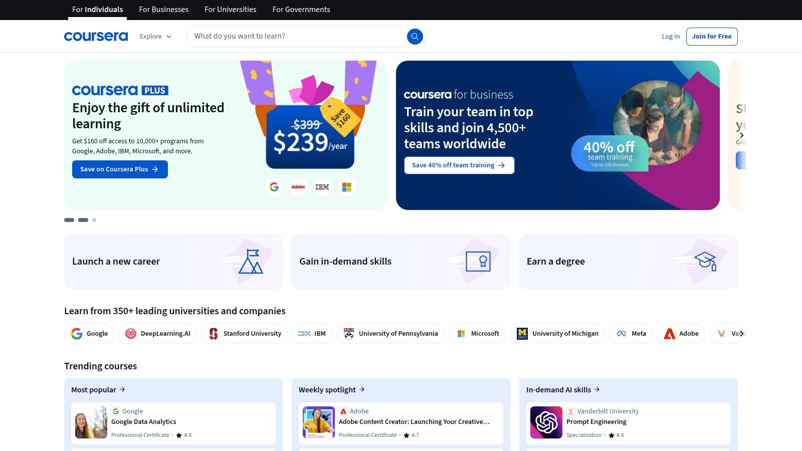 Coursera platform showcasing various financial courses