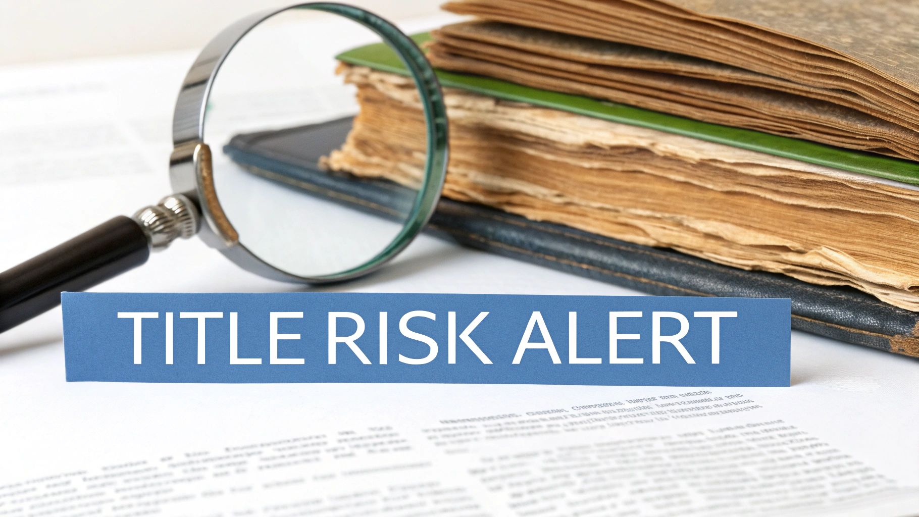 Magnifying glass, old documents, and a 'TITLE RISK ALERT' banner on a white desk.