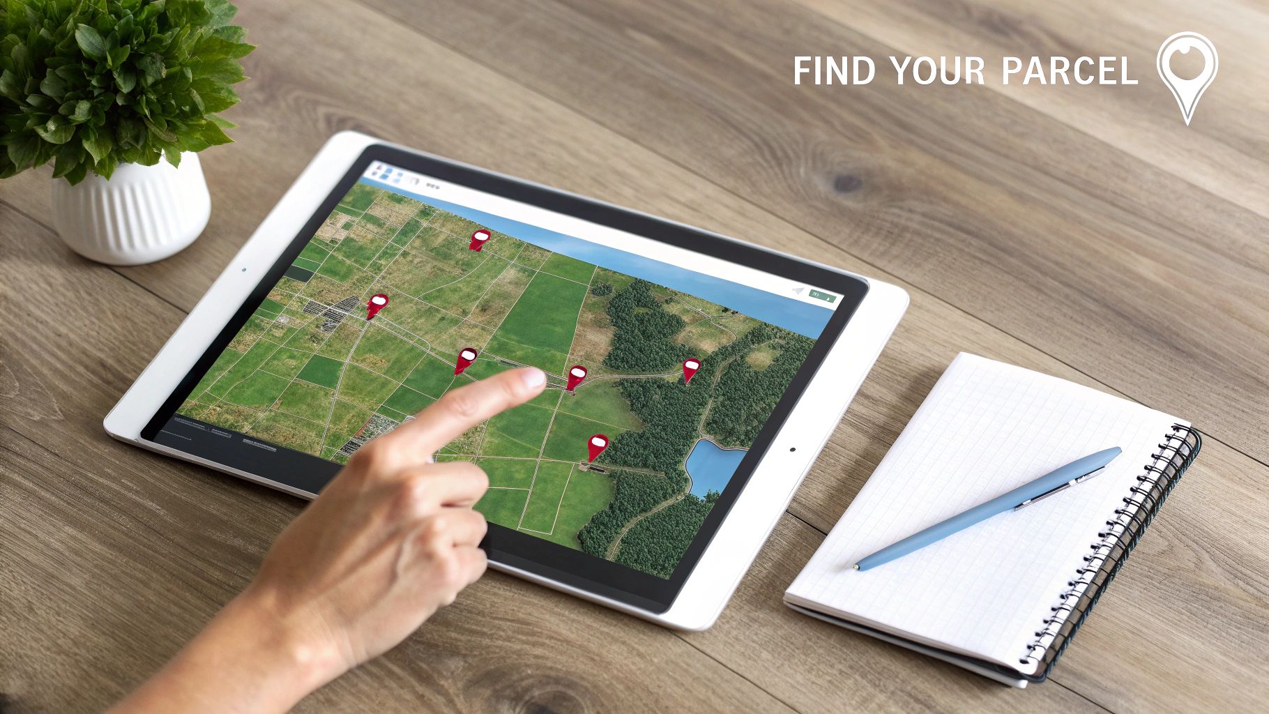 Hand touching a tablet showing an aerial map with multiple red pins marking land parcels.