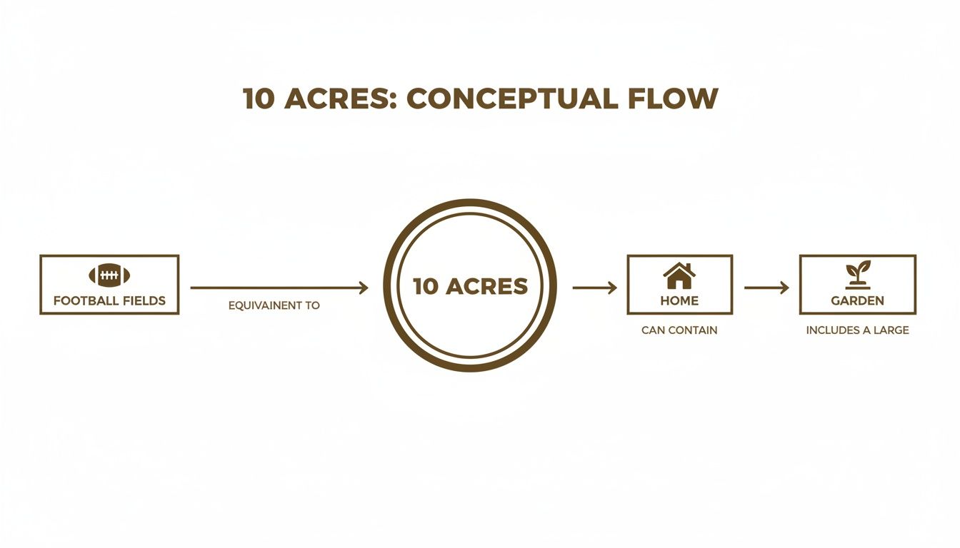 A conceptual flow diagram illustrating 10 acres, its equivalent in football fields, and potential contents like a home and large garden.