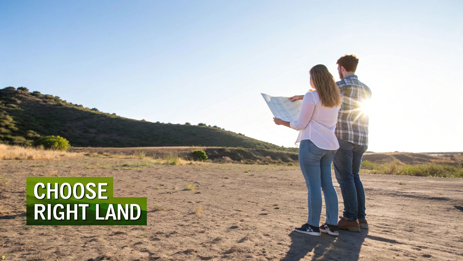A couple stands on open land, studying a blueprint or map to choose the right property.