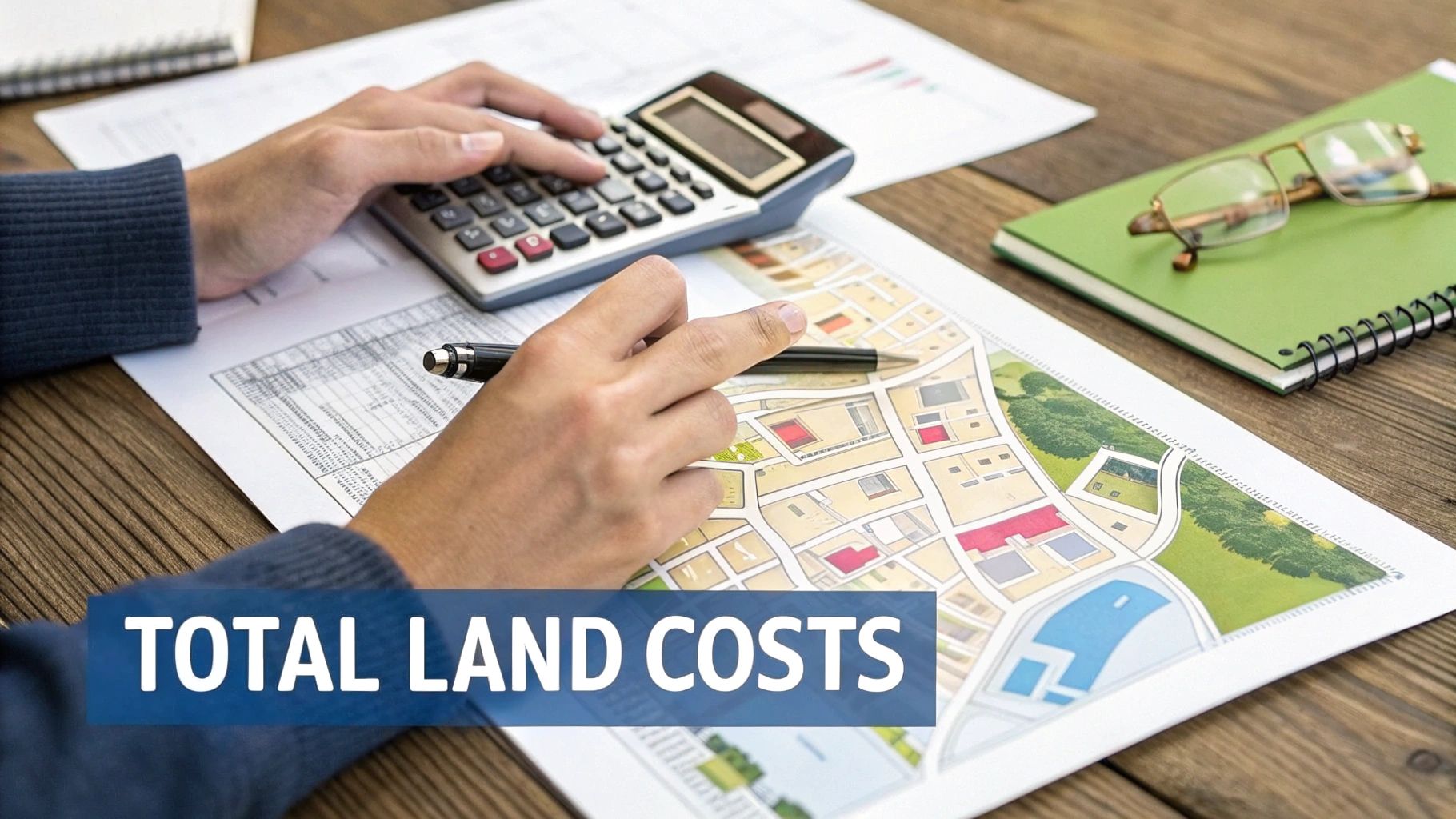A person calculates total land costs, pointing at a property map with a pen.