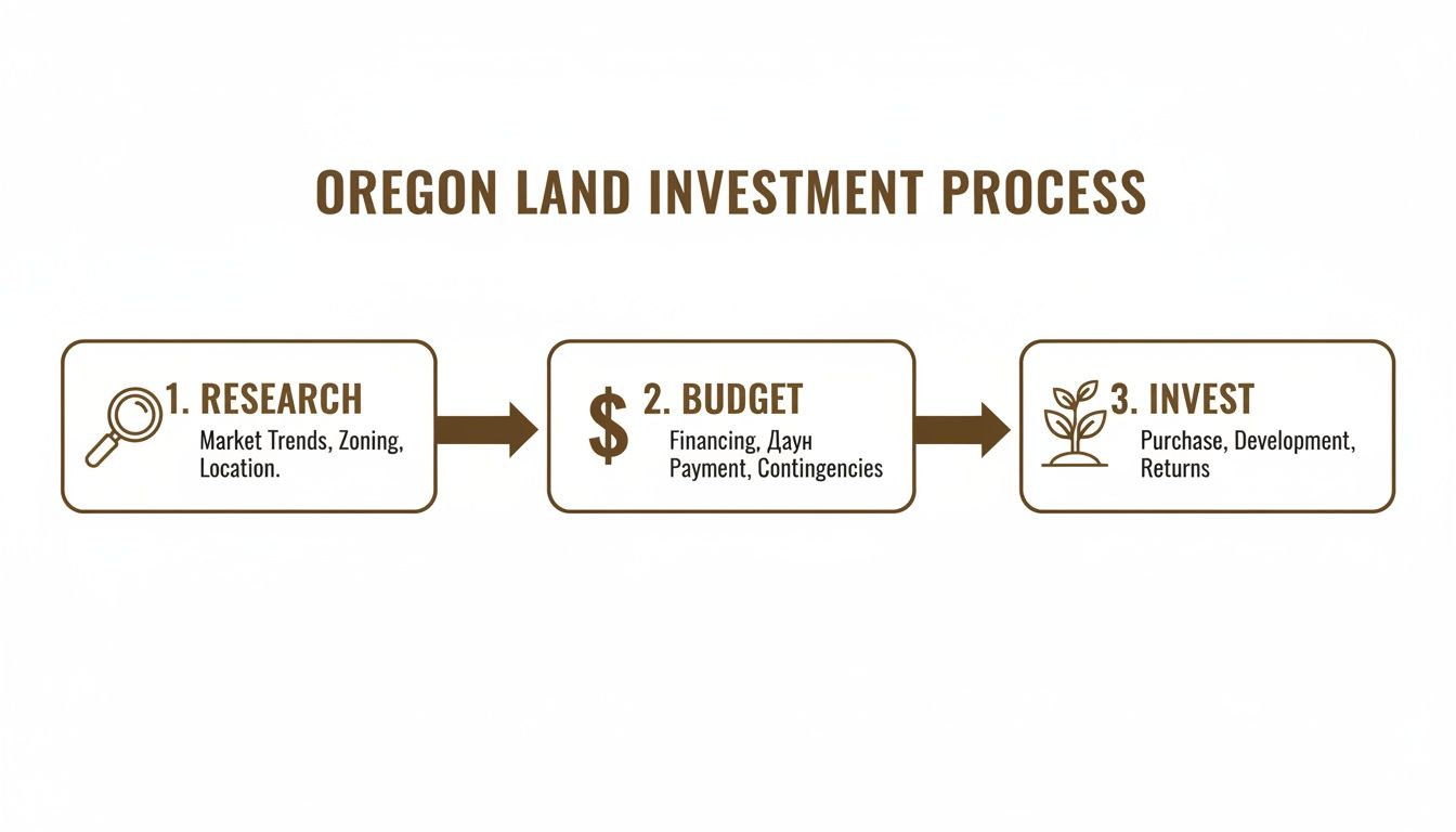 A clear flowchart outlining the three-step Oregon land investment process: Research, Budget, and Invest.