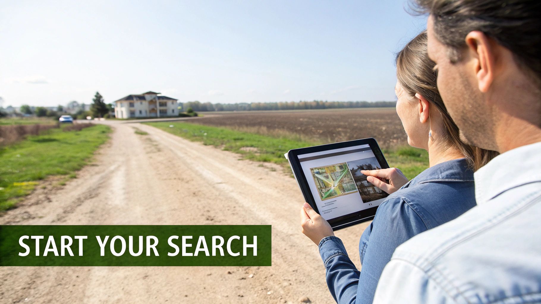 A couple on a dirt road uses a tablet to search for land or property, with a house and fields in the background.