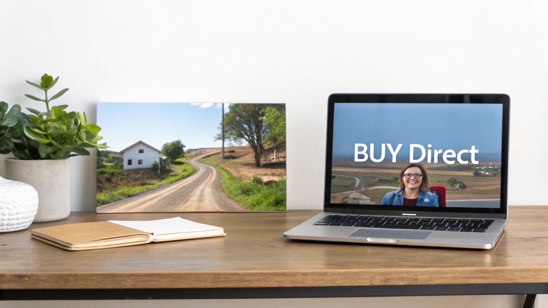 A home office desk with a laptop displaying a 'BUY Direct' screen and a rural landscape picture.