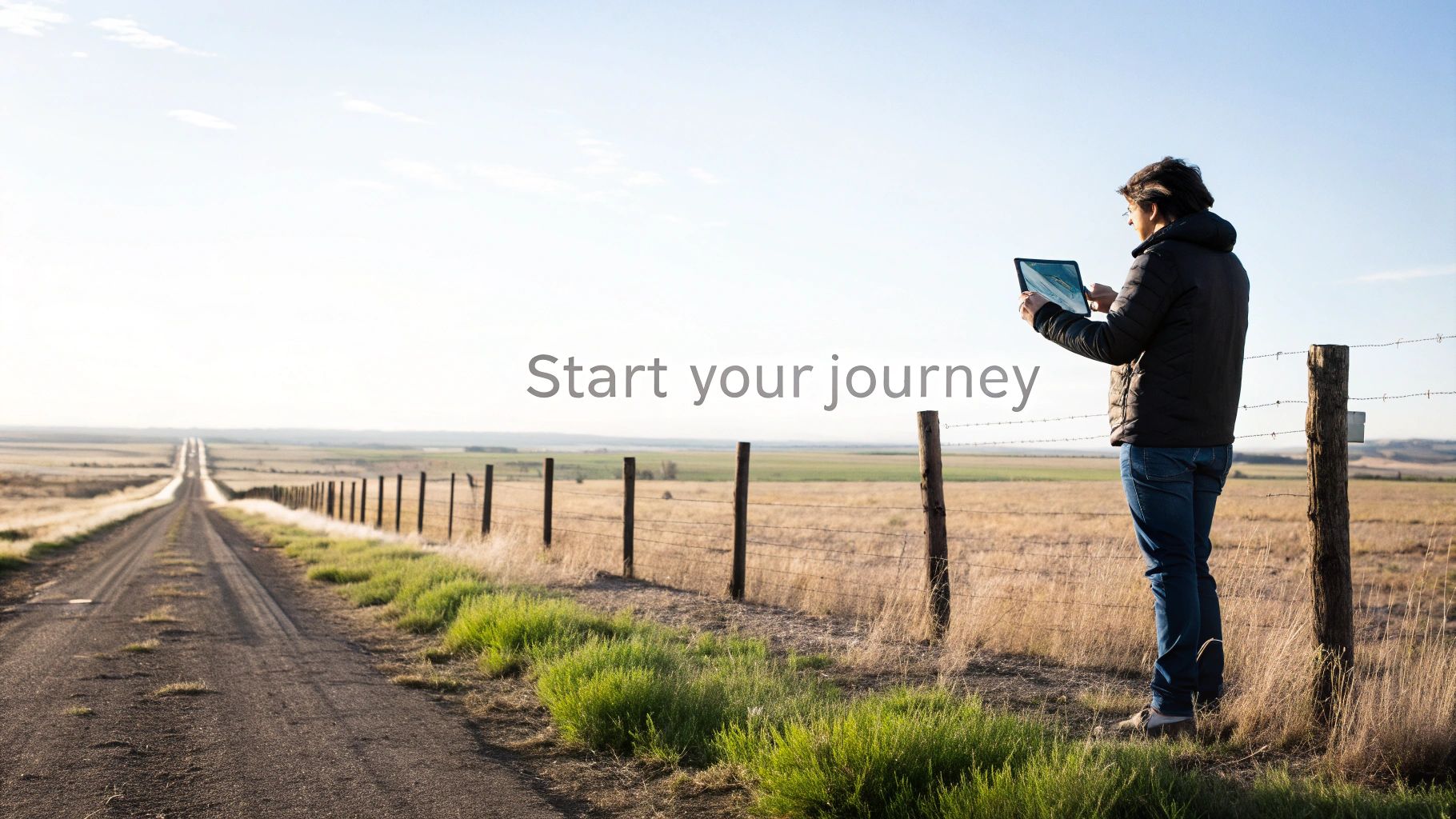 A person stands beside a long dirt road in a rural landscape, looking at a tablet, ready to start their journey.
