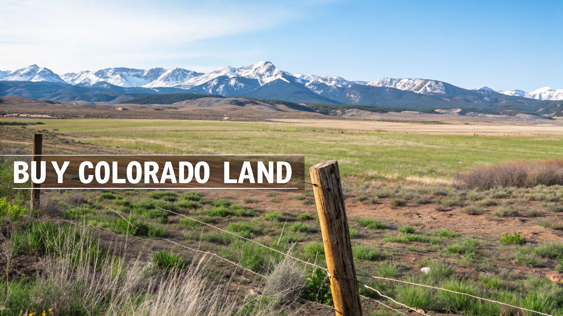 A scenic view of snow-capped mountains and green fields with a fence, featuring 'BUY COLORADO LAND' text.